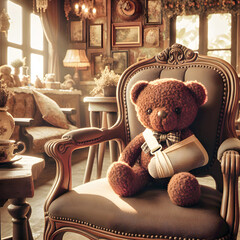 A teddy bear is seated comfortably on an elegant armchair with a paw in a sling in a vintage-styled room bathed in warm light