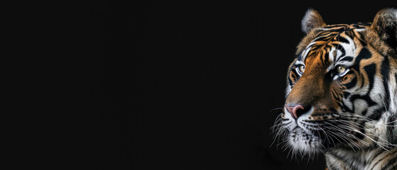 A compelling image of a tiger looking aside, its gaze caught mid-movement against a pure black background