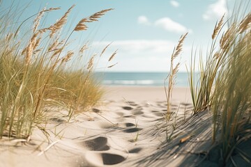 close up of a nordic beach near some grass and sand,