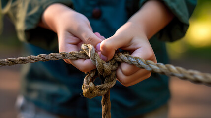 Boy scout learning tie the knot pattern. Education learning tie knot for children in boy scout camp. - obrazy, fototapety, plakaty
