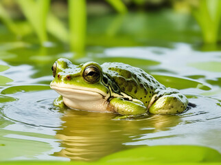 The green frog sits in the water