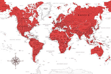 World Map - Highly Detailed Vector Map of the World. Ideally for the Print Posters. Ruby Red Colors. Relief Topographic