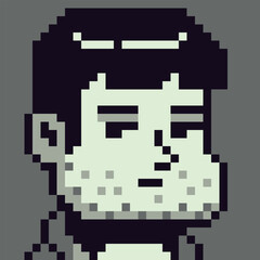Fototapeta premium 8-bit unshaven man, avatar pixel art male character, cartoon vector icon, game user or web profile person, people, social net portrait, young guy face, minimalistic fashion, vector