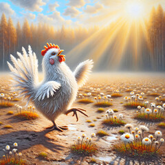 White rooster dancing in the morning sunshine in a dirt field with daisies - 786496996