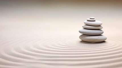 Fototapeta na wymiar Zen concept, meditative elements - arranged stones, sand patterns, balance and harmony