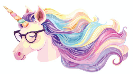 Obraz na płótnie Canvas Unicorn horn with multicolored hair and glasses cute i