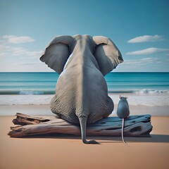 An elephant is seated on a large piece of driftwood on a sandy beach, facing the turquoise sea - 786497163