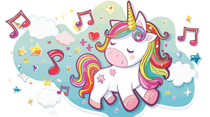 Unicorn loves music.Sticker. Love vector card Vector i