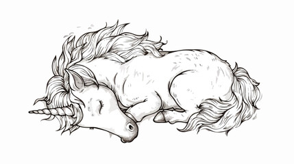 Unicorn sleep cute line art illustration isolated on w
