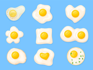 Fried eggs shapes. Omelet icons, chicken fry egg sunny side up omelette circle heart different shapes with herbs and yolk, organic breakfast meal cartoon neat - obrazy, fototapety, plakaty