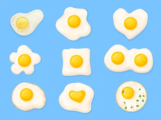 Foto auf Acrylglas Antireflex Fried eggs shapes. Omelet icons, chicken fry egg sunny side up omelette circle heart different shapes with herbs and yolk, organic breakfast meal cartoon neat © ssstocker