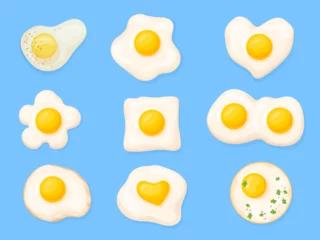 Photo sur Plexiglas Échelle de hauteur Fried eggs shapes. Omelet icons, chicken fry egg sunny side up omelette circle heart different shapes with herbs and yolk, organic breakfast meal cartoon neat