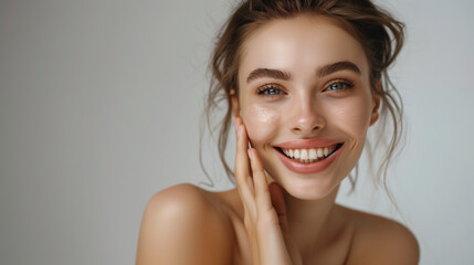High-resolution cropped photograph showcasing skincare and cosmetics concept, featuring ample space for text. A woman with a stunning visage gently caresses her radiant, healthy facial skin in the por