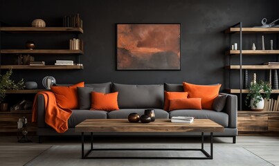 Interior of modern living room with grey sofa.
