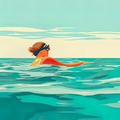 The illustration portrays an open water swimmer cutting through the sea's surface, with the early morning sun casting a soft light on the tranquil waters..
