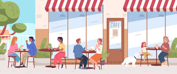 People restaurant patio. Couple eat restaurant food outdoor cafe backyard outside coffee shop, breakfast on summer terrace city cafeteria or street bar classy vector illustration - 786497966