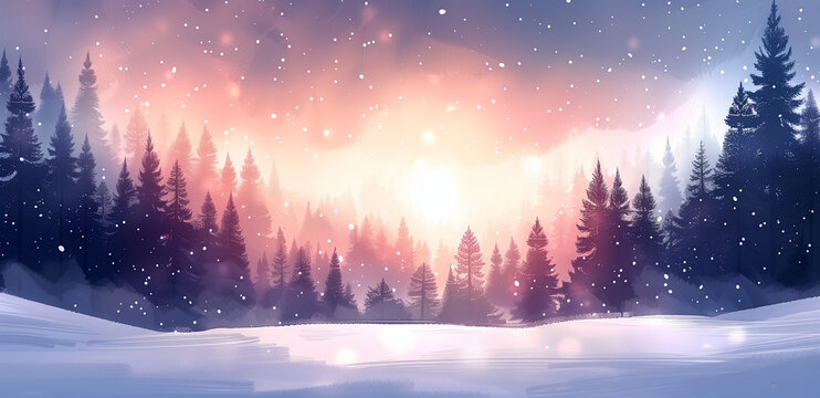 A breathtaking winter scene unfolds as the sun sets behind a dense forest of snow-covered pine trees, casting a warm glow against a dusky sky peppered with snow. 
