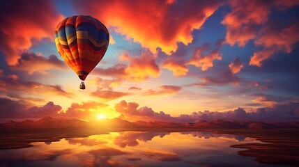 Hot air balloon over the lake at sunset - Powered by Adobe