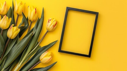 A yellow background with a black frame and tulips. Generative AI.