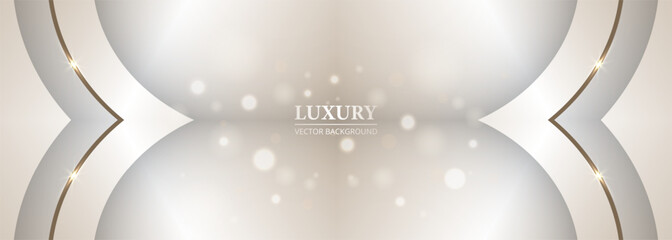 Abstract luxury background with 3D objects, golden lines, bokeh effect and sparkles. Elegant wide banner vector illustration