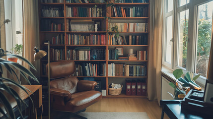 Warm and inviting home office space featuring a large bookshelf, comfortable chair, and ample natural light