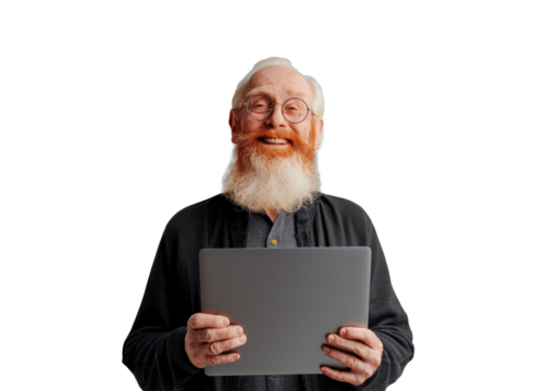 Elderly Redhead Man Smiling with Laptop