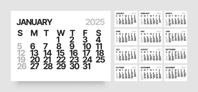 Monthly calendar template for 2025 year. Wall calendar in a minimalist style. Week Starts on Sunday. 