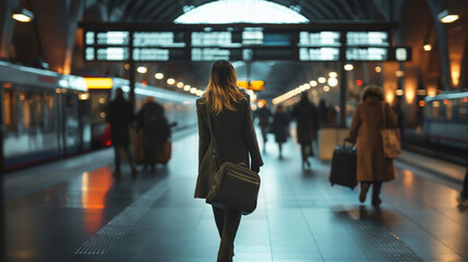Rear view of a businesswoman walking through a bustling train station corridor
