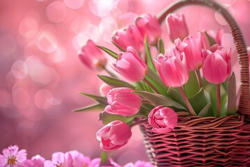 A basket filled with pink tulips on a pink background. Generative AI.