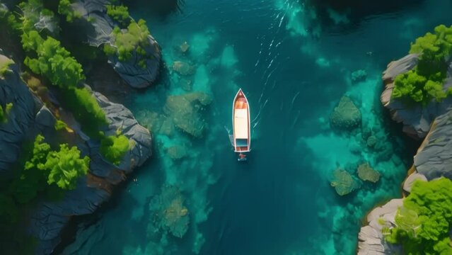 Travel videos. Aerial view of luxury floating boat on rocky sea. Ship on the sea surface