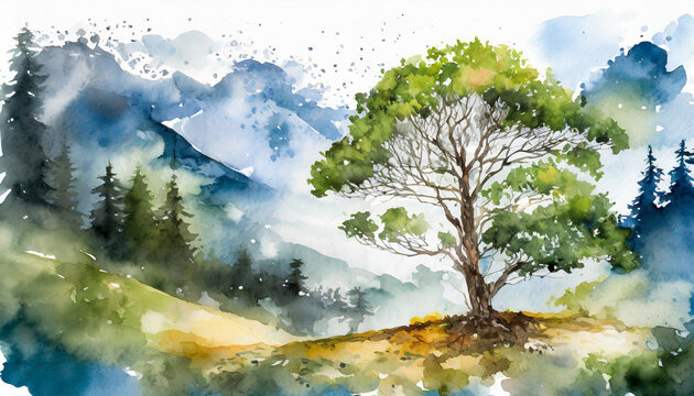 Watercolor illustration lonely green tree, landscape with summer or spring green trees Nature beauty