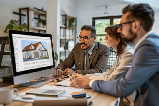 A real estate agent at his desk showing houses for sale on the computer to a couple