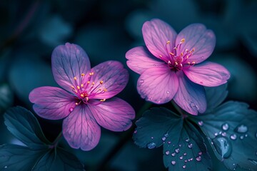 Two purple flowers with water droplets on them. Generative AI.