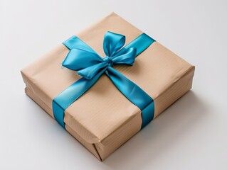 A brown gift box with blue ribbon. Generative AI.