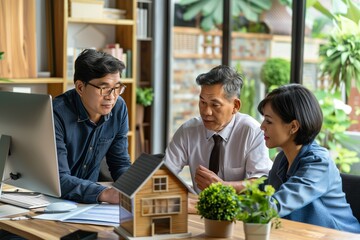 Two real estate asian agents at his desk searching houses for sale on the computer to a couple