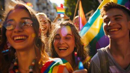 Fototapeta premium Friends Together at Pride Event Waving Rainbow Banners 