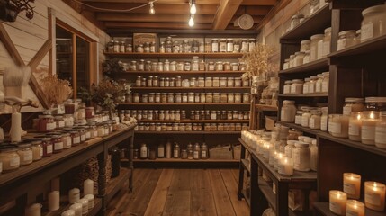 Warmly lit candle shop showcasing various candles on wooden shelves, exuding a rustic and inviting atmosphere