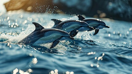 dolphins leaping, seascape background with clear water and sunshine