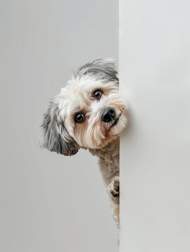 A small dog peeking out from behind a wall. Generative AI.