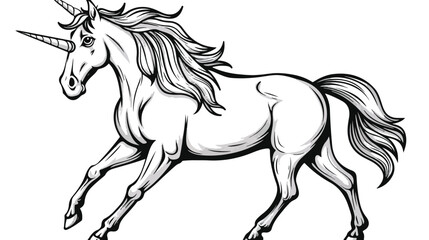 Vector black and white unicorn with horn and mane. Fan