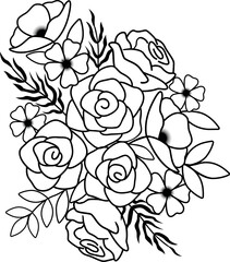 Vector composition of flowers. Flowers of peonies, roses, daisies, black and white sketch on a white background. A spring or summer bouquet. Valentine's Day, March 8th, Mother's Day.