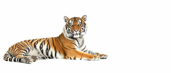 A stunning image of a relaxed Bengal tiger laying down, its gaze fixed forward, against a pure white backdrop