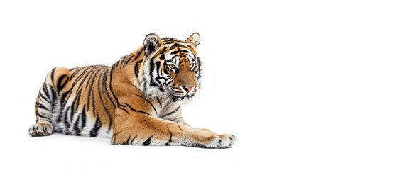 Obraz premium An evocative image of a Bengal tiger crouched attentively, eyes fixed forward, on a stark white background