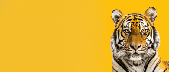An intense stare from a majestic Bengal tiger, sharp detail against a dazzling, uniform yellow background