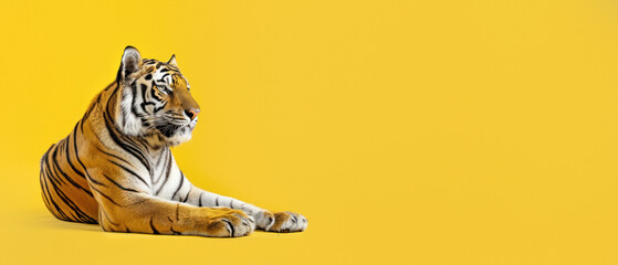 A royal Bengal Tiger lies with poise against a bright yellow backdrop, symbolizing calm power