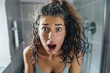 Young woman shocked discovering first grey hair in reflection in the bathroom mirror