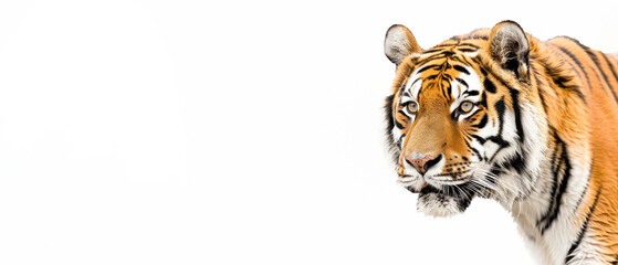 A powerful side view of a Bengal tiger prowling, with its orange and black striped fur depicted in great detail, against an unblemished white background