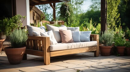 Comfortable sofa on a patio outside on a sunny afternoon 
