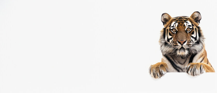 An adorable image of a Bengal tiger with paws playfully up, inviting interaction, set against a seamless white background highlighting its features