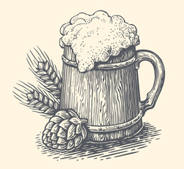 Wooden mug with beer drink. Brewery or pub, hand drawn sketch vector illustration